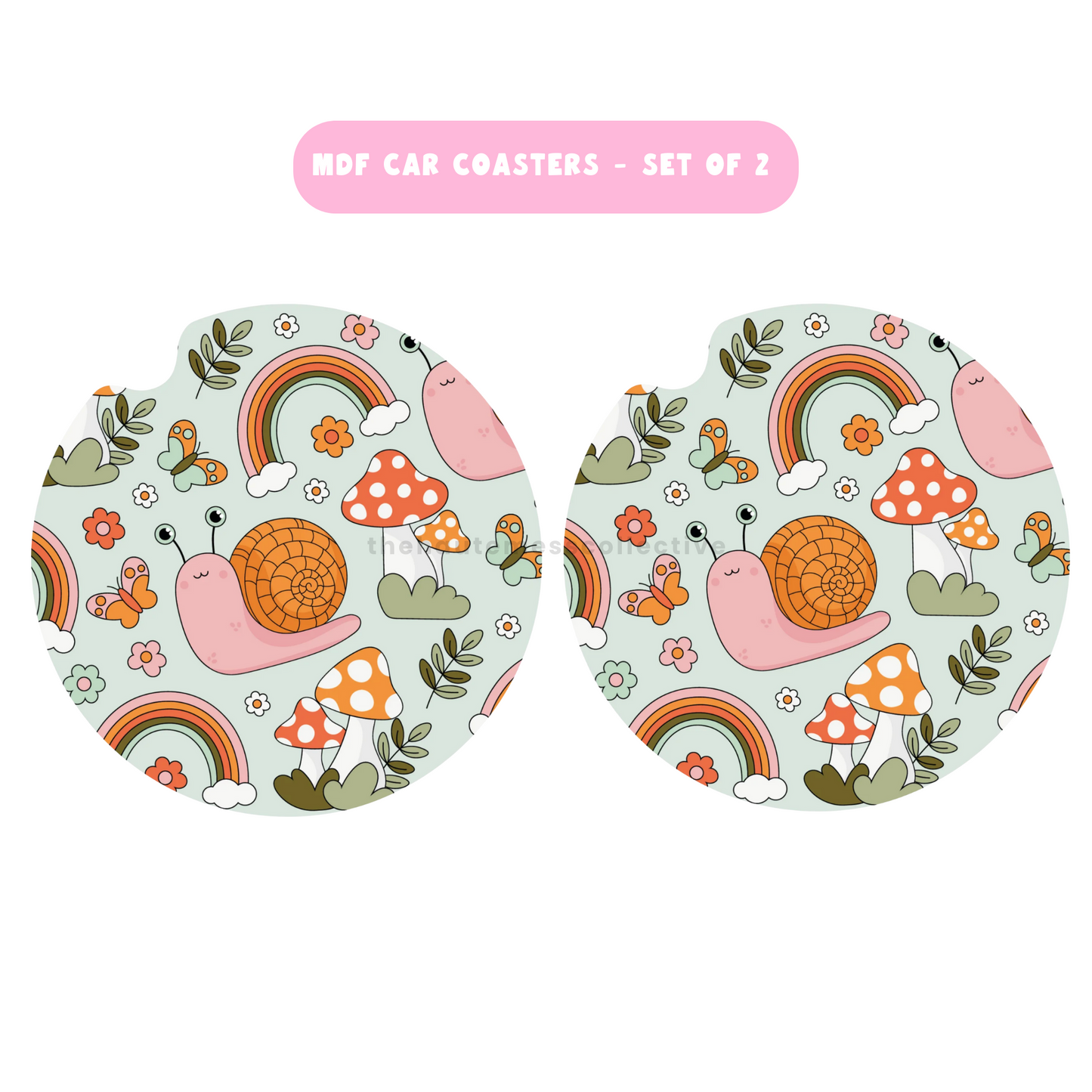 Snails and Mushrooms MDF Car Coasters – Set of 2