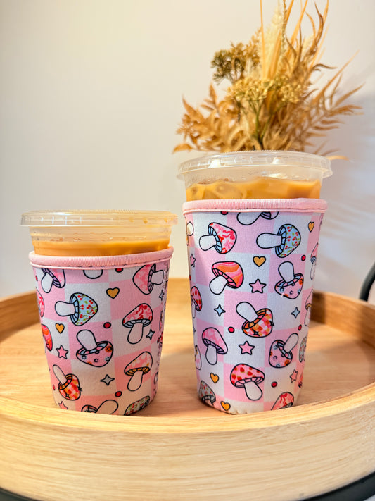 Pink Checkerboard & Mushrooms Cup Sleeve
