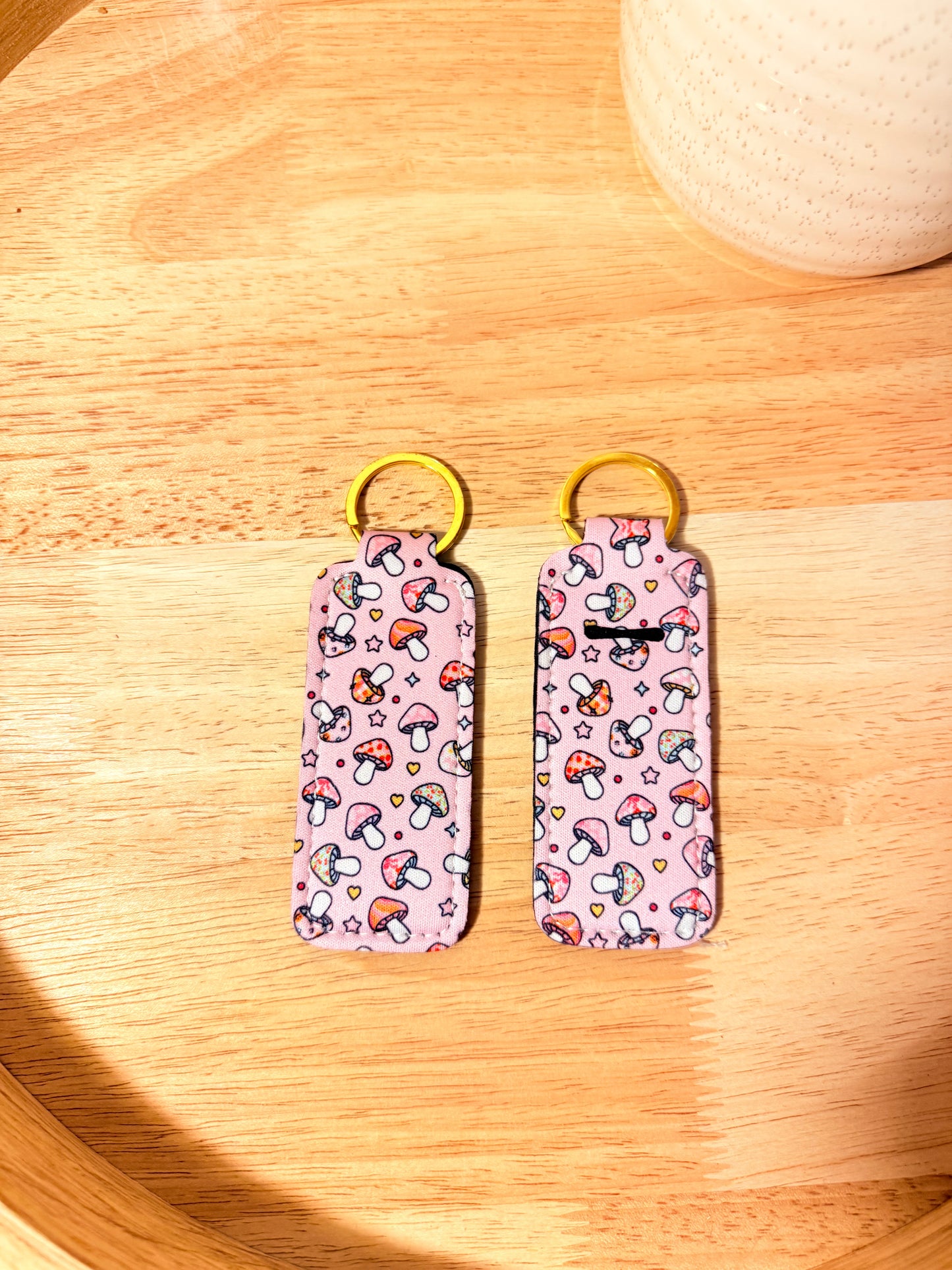 Pretty in Pink Mushrooms Chapstick Keychains