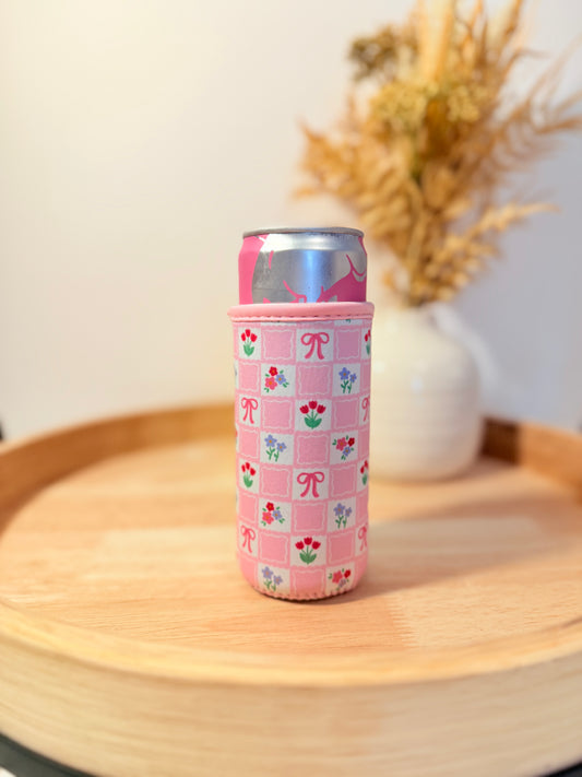 Checkerboard Flowers & Bows Slim Can Sleeve