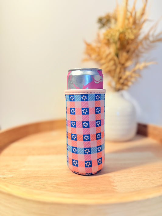 Blue Plaid & Flowers Slim Can Sleeve