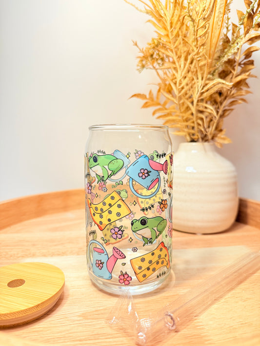 "Rainy Day Frogs" Glass Can