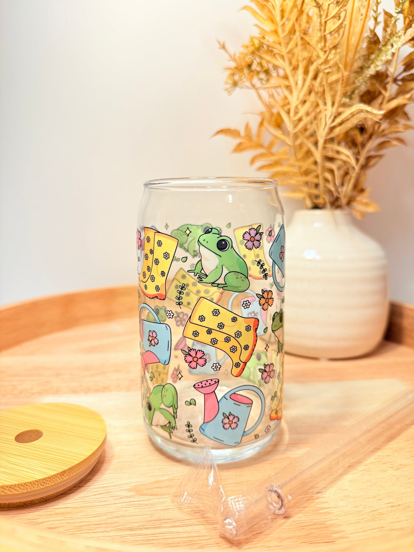 "Rainy Day Frogs" Glass Can