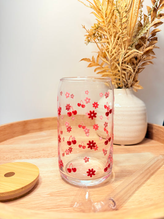 "Cherries & Daisies" Glass Can