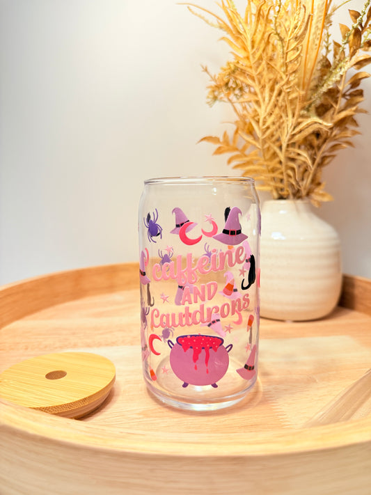 "Caffeine And Cauldrons" Glass Can