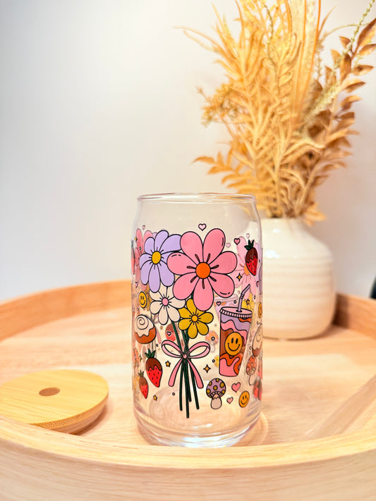 "Iced Coffee And Flowers Please" Glass Can