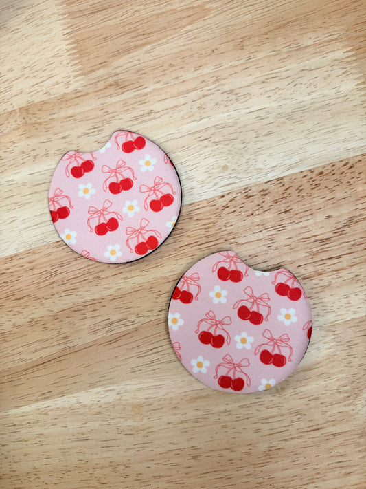 Cherries and Daisies – Neoprene Car Coasters (2.75") – Set of 2