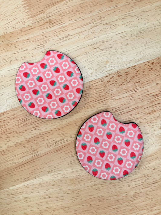 Strawberry Checkerboard – Neoprene Car Coasters (2.75") – Set of 2