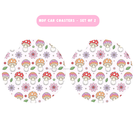 Mushrooms & Daisies MDF Car Coasters – Set of 2